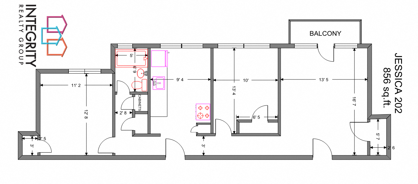 Floor plan layout diagram for Jessica 2 Bedroom 1 Bath A